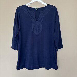 Lauren Ralph Lauren Women XL Tunic Top Navy Blue 100% Cotton 3/4 Sleeve Nautical